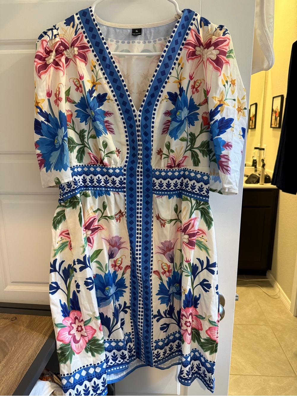 SHEIN White Dress with Blue & Pink Floral Print